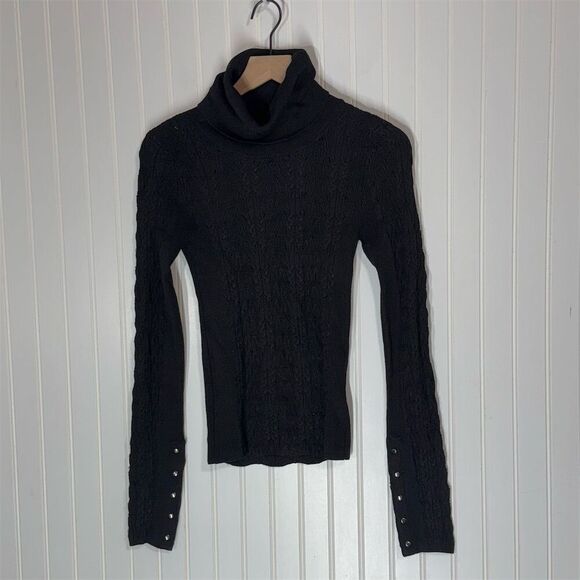 Free People Black Cable Knit Turtleneck Sweater S Button Cuff Slim Fit NWOT - Picture 1 of 10